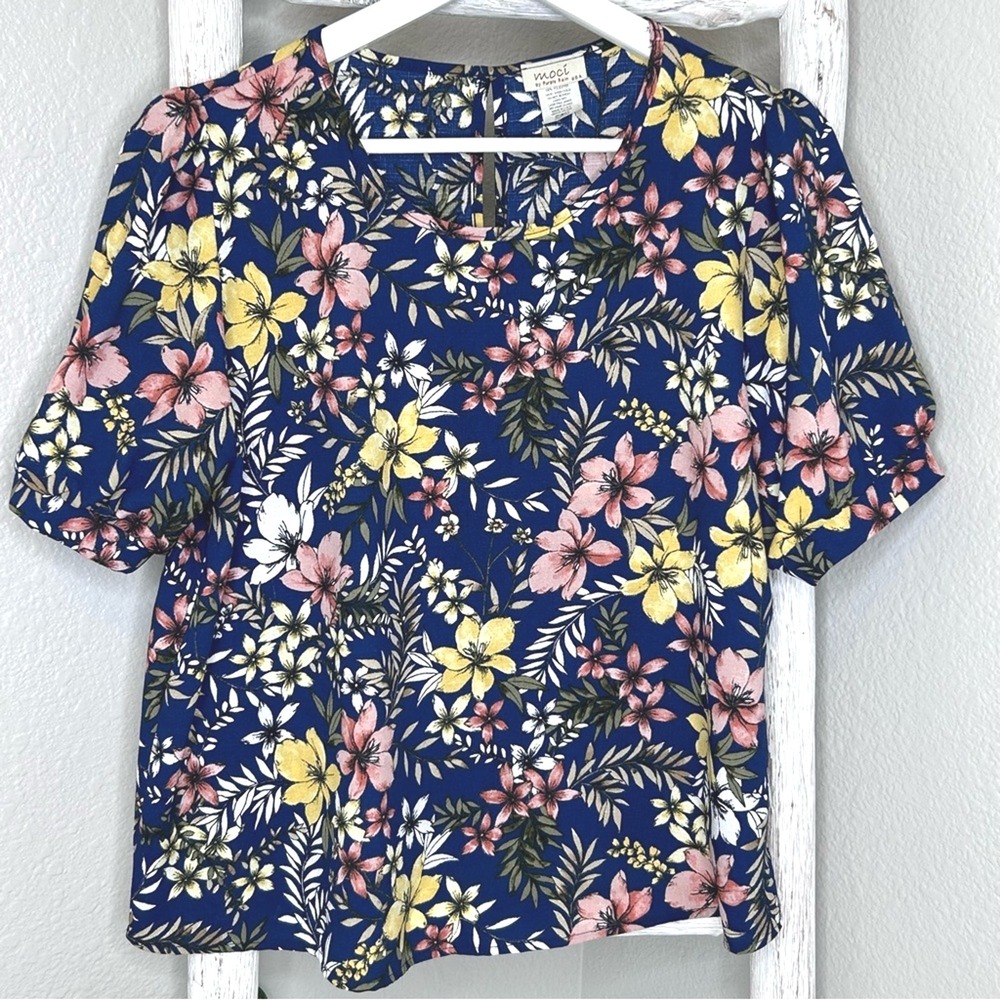 MOCI by Purple‎ Rain Floral Print Top Short Sleeve Blouse Blue Pink Yellow Large